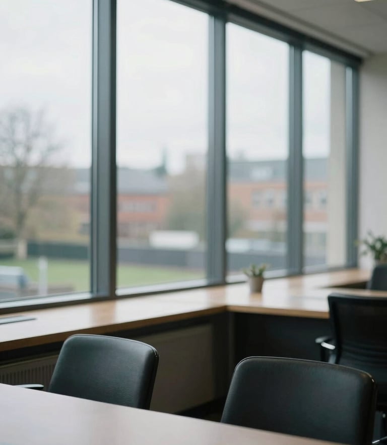 A quiet, thoughtfully lit modern civic office interior in the UK, soft overcast light through large windows, shallow depth of field, 35mm