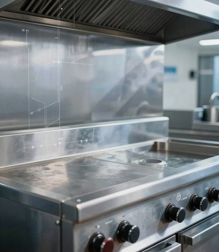 A high-contrast industrial photograph of a pristine, empty stainless steel commercial cooking range line, clean metallic reflections, cool blue-gray lighting, technical drafting lines subtly overlaid.