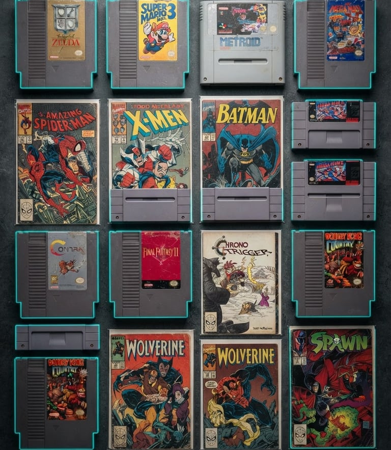 Straight-on flat lay of vintage video game cartridges and comic books on a dark gray background, crisp studio lighting, neon cyan rim lights