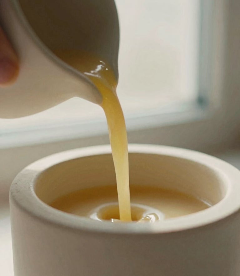 Extreme close-up of warm soy wax being poured into a minimalist ceramic vessel, soft golden morning light, shallow depth of field, 35mm film.