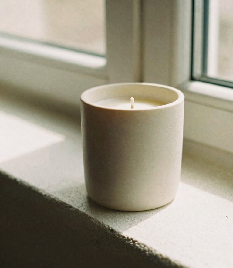 Extreme close-up of a minimalist ceramic candle vessel on a textured plaster ledge, soft morning window shadows, warm beige tones, 35mm film