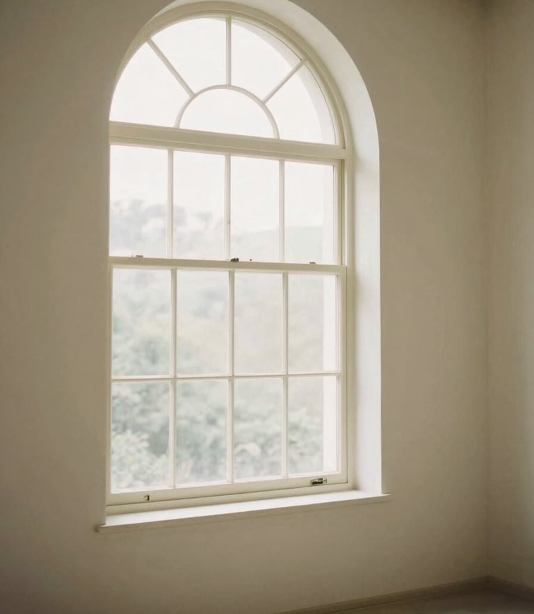 Soft diffused natural daylight entering a calm room through a large arched window, minimalist interior with warm cream tones, 35mm photography