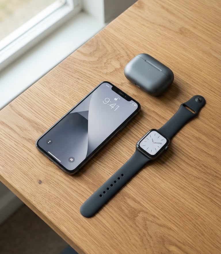 Clean flatlay of modern electronic gadgets, a smartphone, wireless earbuds, and a smartwatch arranged on a wooden desk, bright natural daylight, 35mm lens