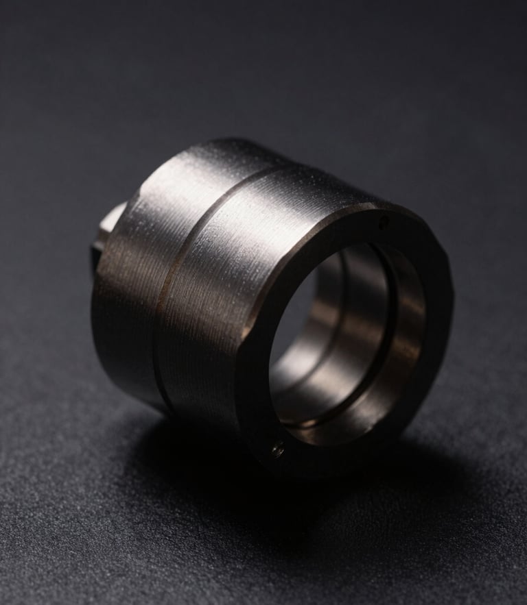 Macro close-up of a CNC-machined billet aluminum receiver, low-key side-lighting, dark matte charcoal background, sharp metallic textures.