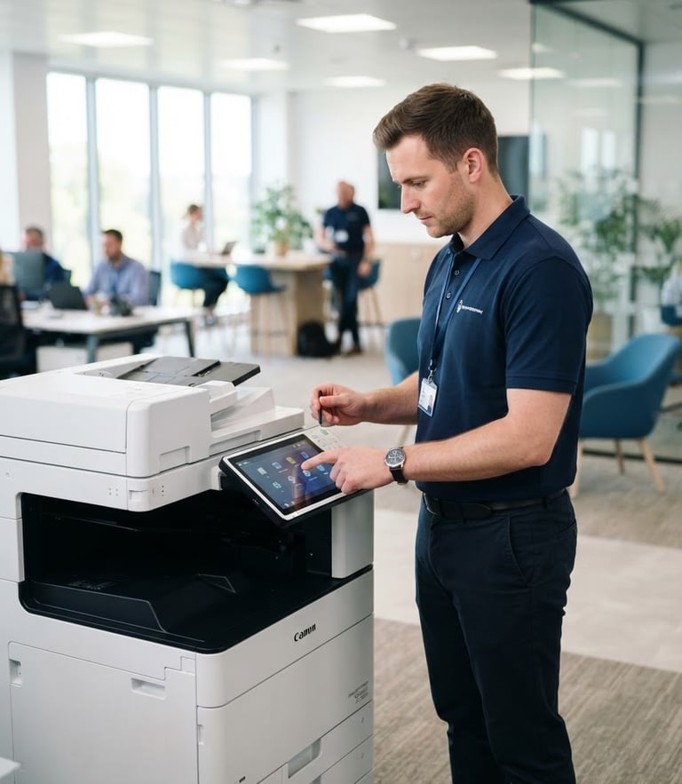 Professional technician in a bright office environment configuring a modern multifunction printer, clean corporate photography, 35mm lens