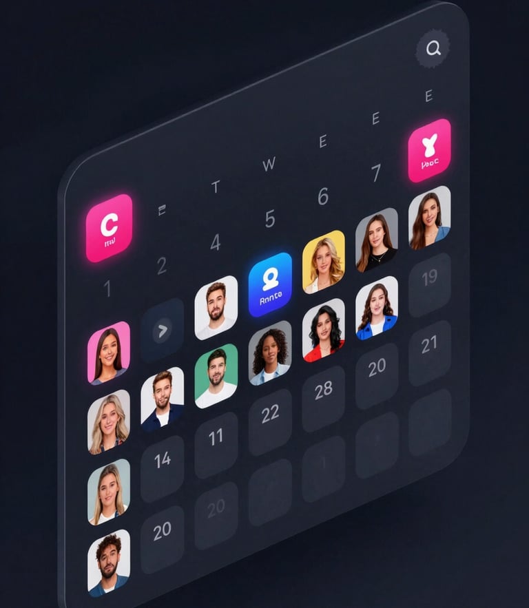Sleek software UI rendering of a social media calendar filling up with automated posts, dark mode background, vibrant neon accents, crisp vector details, high-resolution digital graphic, isometric perspective