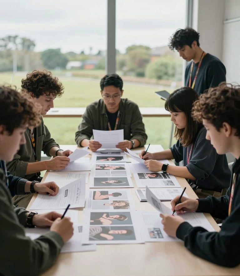 Medium-wide environmental shot of real UK-based creative professionals reviewing campaign proofs on a large table, natural overcast daylight, soft shadows, candid and unposed.