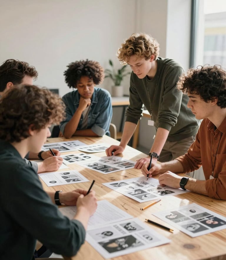 Overcast daylight, medium shot of a diverse UK creative team collaborating around a timber table in a bright, modern workshop space, focusing on campaign layouts, soft shadows.