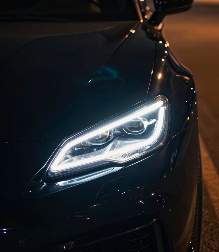 Cinematic close-up of a sleek black sports car headlight with sharp neon reflections of Cairo night lights, high contrast, 35mm anamorphic lens.