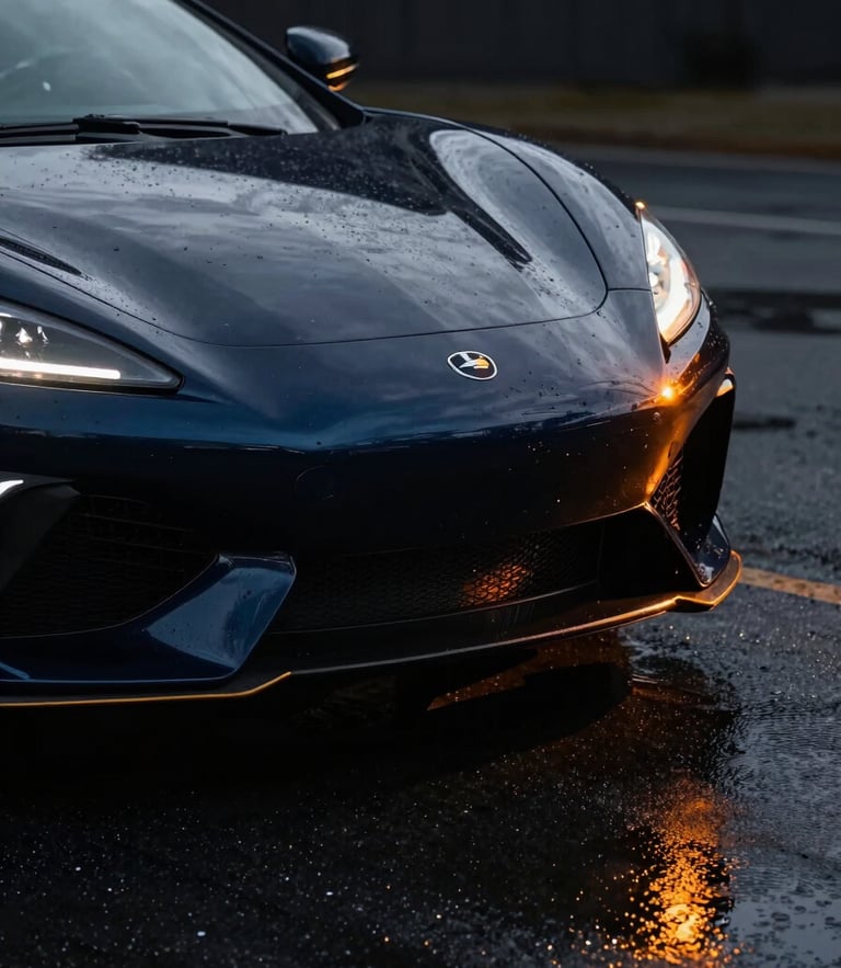 Sleek luxury sports car close-up with dramatic wet reflections on asphalt, high-contrast cinematic studio lighting, deep navy and amber tones, 35mm anamorphic lens.