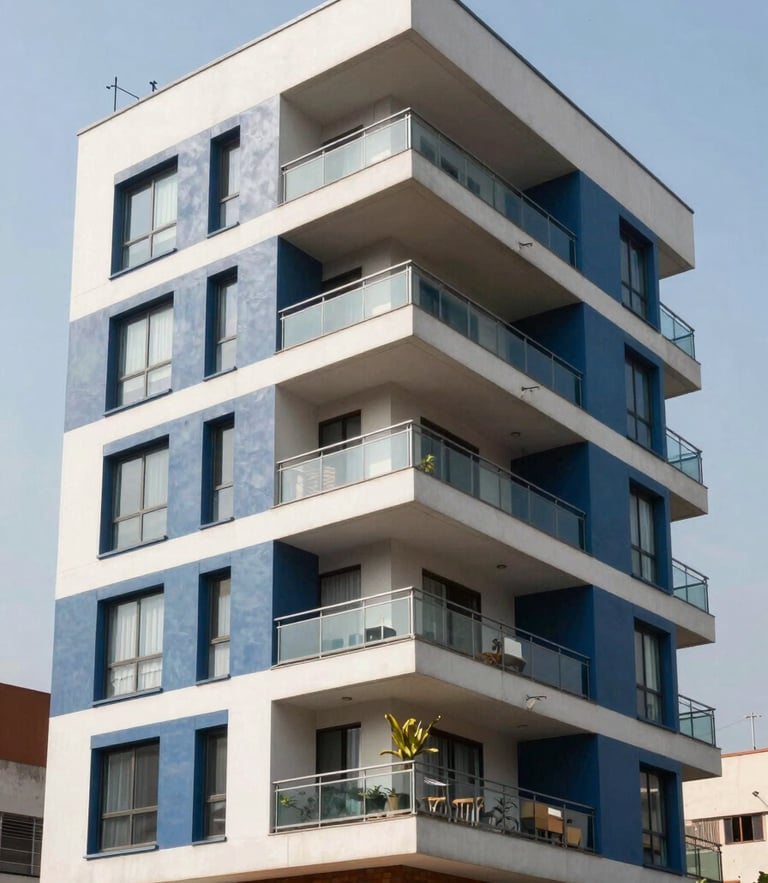 Modern residential building exterior in Bogotá with clean lines, bright natural daylight, corporate blue tones, 35mm lens