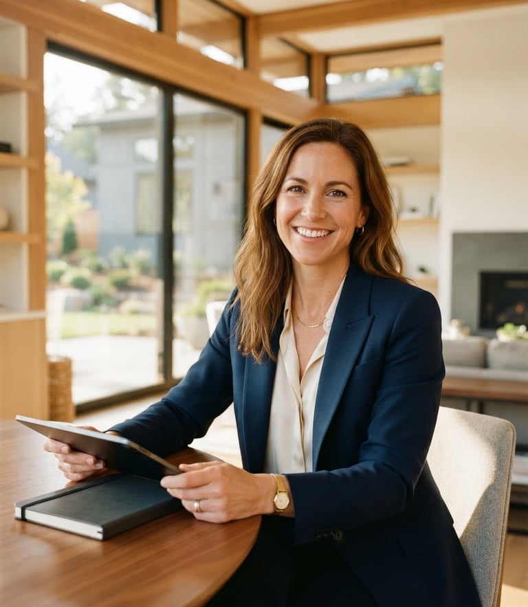 Warm editorial portrait of Amber Dahlquist, professional female real estate agent, smiling warmly, bright daylight, clean architectural framing, 35mm