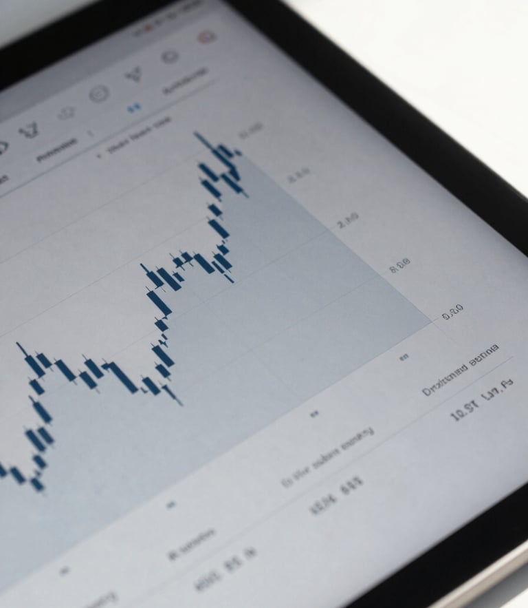 Macro detail shot of a sleek tablet displaying clean financial charts with sharp daylight shadows, modern corporate aesthetic