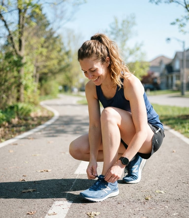 A smiling everyday person in their 30s tying their running shoes on a sunny suburban path, bright morning daylight, crisp blue tones, shallow depth of field, 35mm