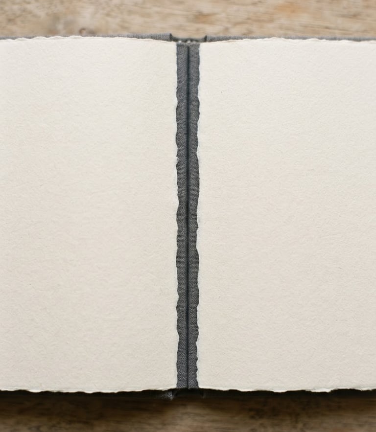Macro overhead shot of an open linen-bound book under soft window light, showing the heavy cream paper texture and crisp monotype letterpress typography, shallow depth of field.