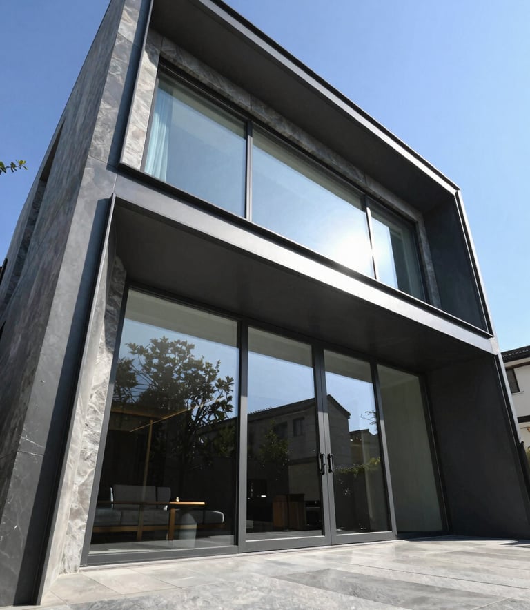 Low-angle architectural photography of a modern luxury villa facade with huge minimalist sliding glass doors and dark slate aluminum profiles, sharp shadows, bright daylight