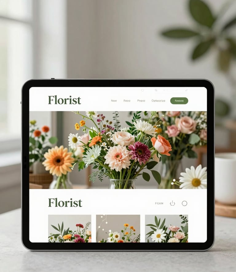 Mockup of a modern florist website on a tablet, displaying vibrant organic flowers, soft natural light, clean layout with rounded corners.