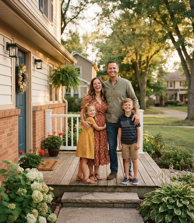 A warm, natural light portrait of a smiling Midwestern family standing on the porch of their modest, well-kept Indiana home, terracotta brick accents, golden hour