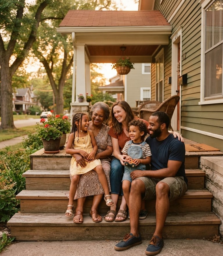 Warm golden-hour portrait of a diverse Midwestern family sitting on the front porch steps of a modest, well-kept Indiana home, soft natural light.
