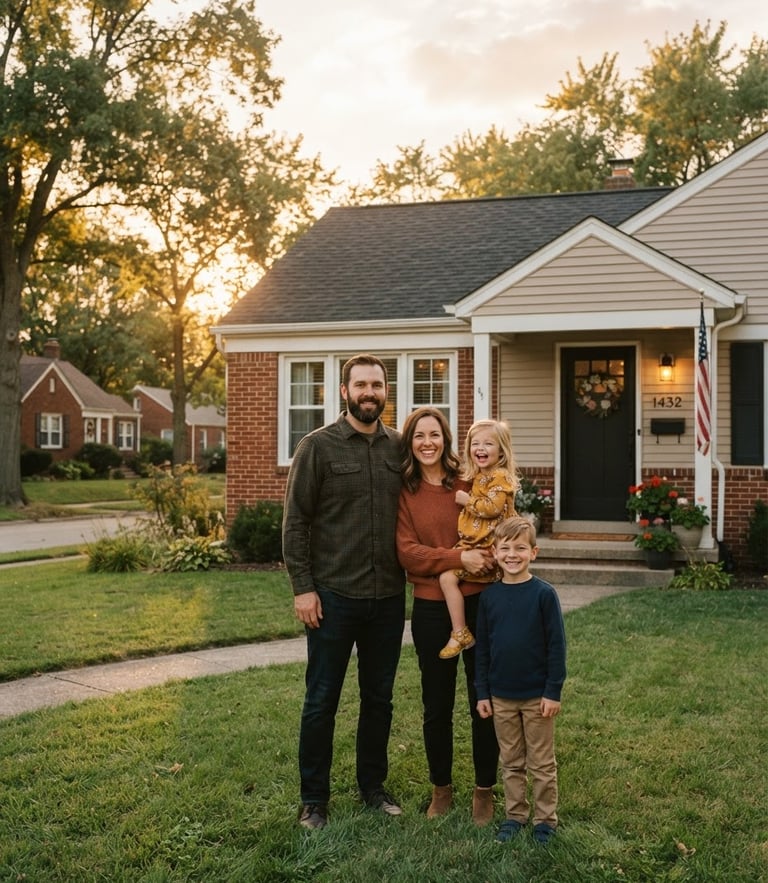 A warm, natural light portrait of a smiling Midwestern family standing in front of their modest, well-kept Indiana neighborhood home, golden hour, 35mm style