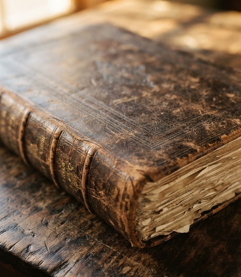 A close-up of a weathered 19th-century leather ledger resting on a rustic wooden table, warm golden-hour light filtering through a window, rich tobacco and cream tones.