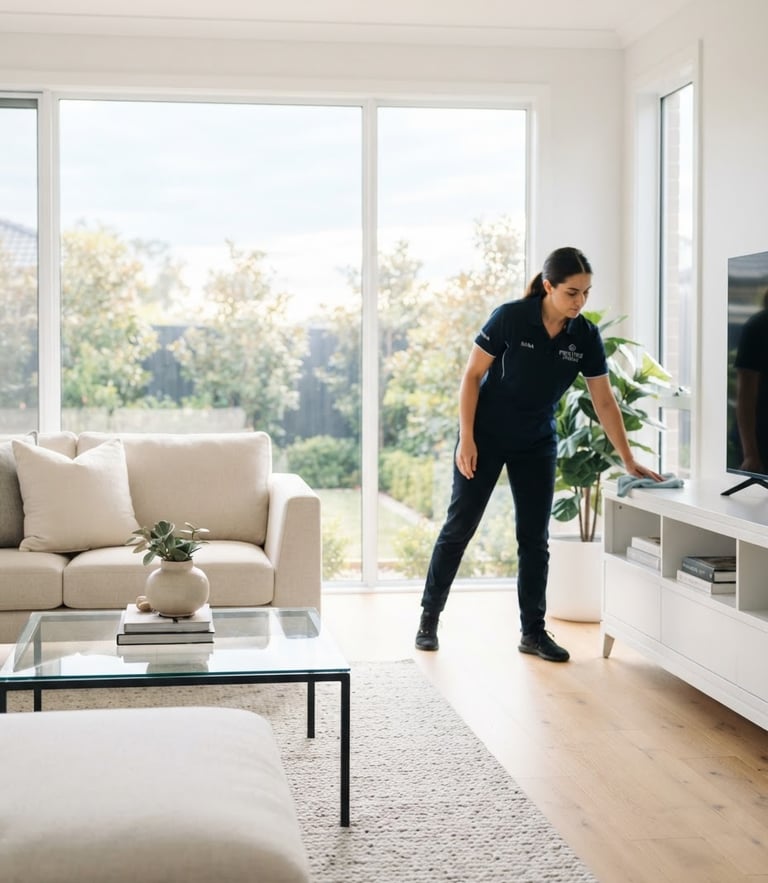 Bright high-key interior photography of a modern, immaculate living room with natural window light streaming in, a professional cleaner in a neat blue uniform working with quiet focus in the background, shallow depth of field.
