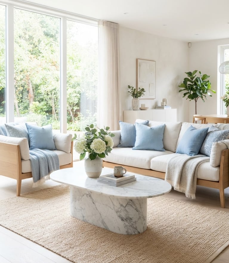 Bright sunlit modern living room with pristine marble coffee table, soft blue cushions, natural light streaming through large windows, high-key interior photography