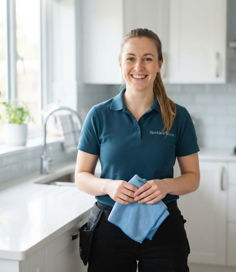 Bright natural daylight portrait of a professional cleaner in a spotless modern kitchen, smiling warmly, holding a clean microfiber cloth, soft blue background