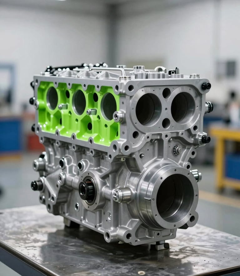 A pristine refurbished engine block positioned on a clean metal pallet, sharp focus on mechanical details, bright high-contrast industrial lighting with subtle neon green reflections, 35mm lens