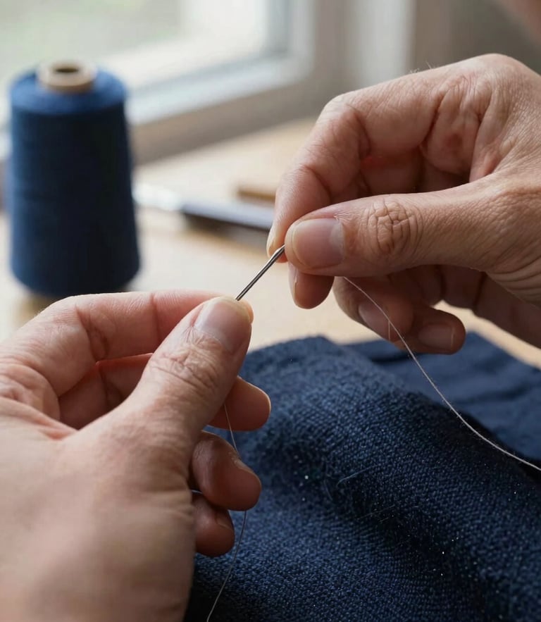 Extreme close-up of artisan hands threading a needle with fine silk thread over a dark navy wool fabric, soft natural daylight from an atelier window