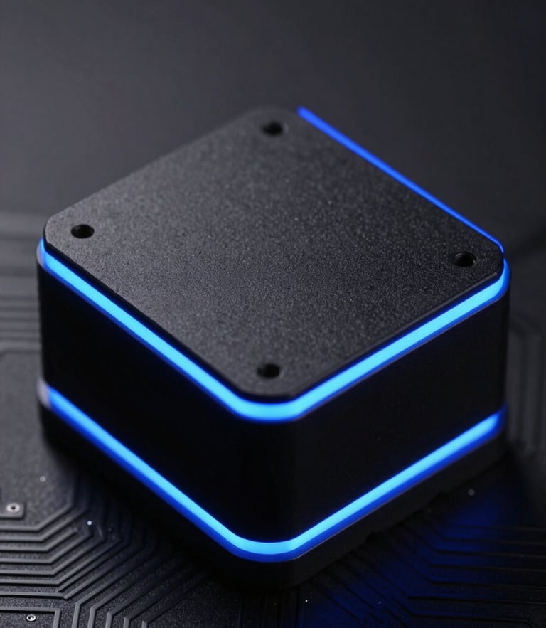 Macro close-up of a matte-black liquid-cooled CPU block with sharp electric blue rim lighting, technical circuit traces visible in the dark background.