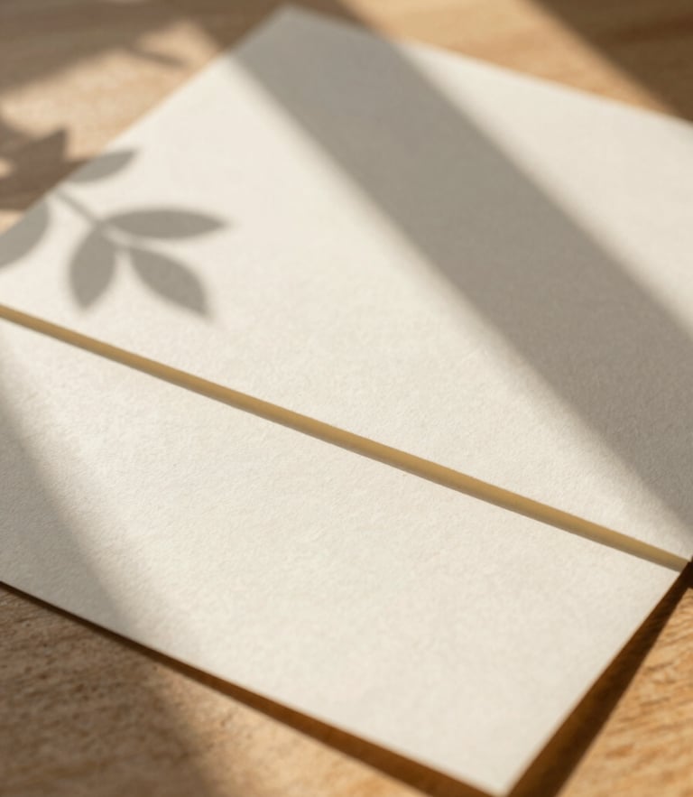 Close-up of textured handmade paper mockups on a warm wooden surface, soft leaf shadows, golden-hour window light