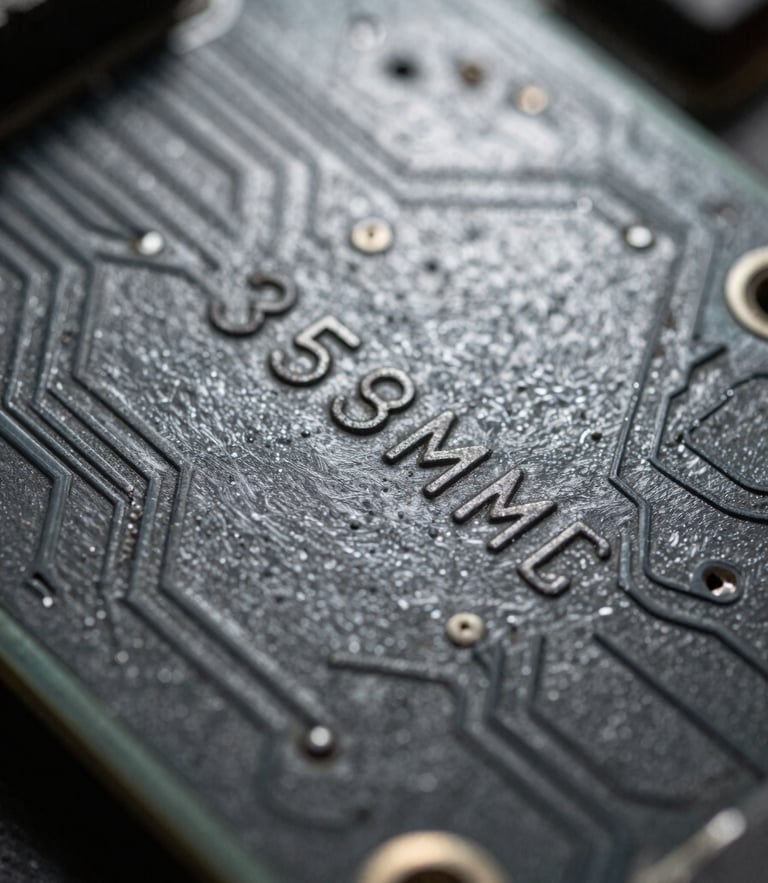 Macro photograph of a vintage industrial circuit board, focus on serial number engraving, high-contrast dramatic lighting, metallic slate gray tones, 35mm