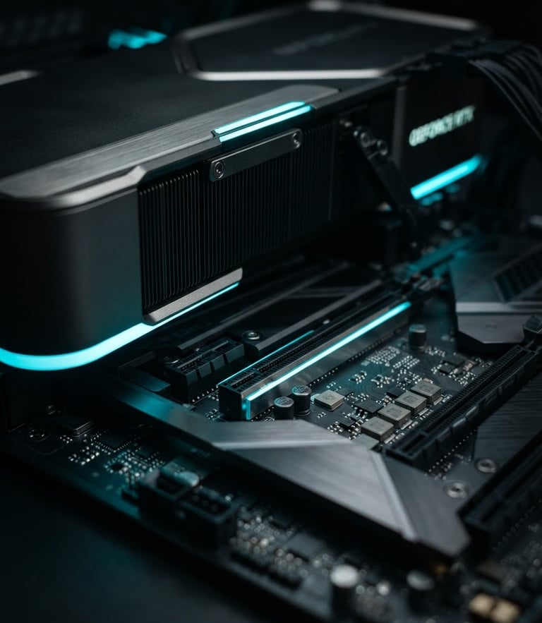 Extreme macro photography of a high-end graphics card seated in a motherboard, glowing electric cyan accents, dust-free metallic textures, moody low-key studio lighting, 50mm lens