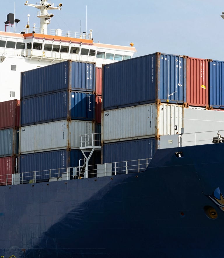 Crisp corporate logistics photography, bright daylight, container ship at the Port of Libreville, deep navy and steel tones, sharp focus, 35mm
