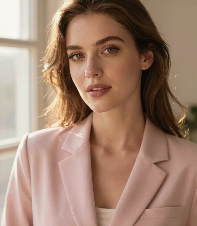 Professional lifestyle portrait of a creative woman with warm-toned lighting, soft golden-hour window light, pastel rose and espresso tones, shallow depth of field, 35mm