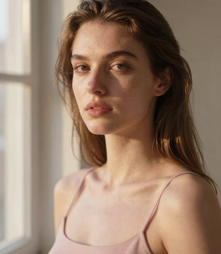 Self-portrait of Elena Ross with warm skin tones in soft golden-hour window light, neutral background, editorial style, 35mm