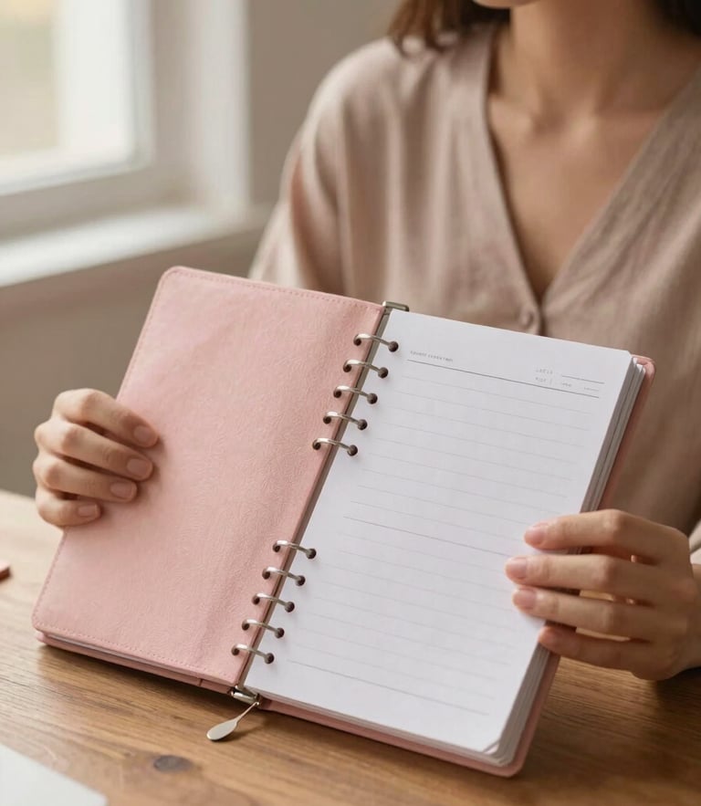 A warm editorial portrait of a woman with soft lighting, holding a linen planner on a wooden table, pastel rose tones, 35mm, shallow depth of field.