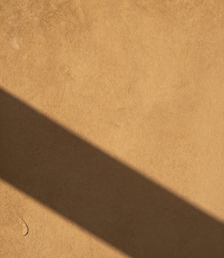 Dramatic natural daylight casting sharp architectural shadows across a textured, warm plaster wall, minimalist composition revealing true paint sheen