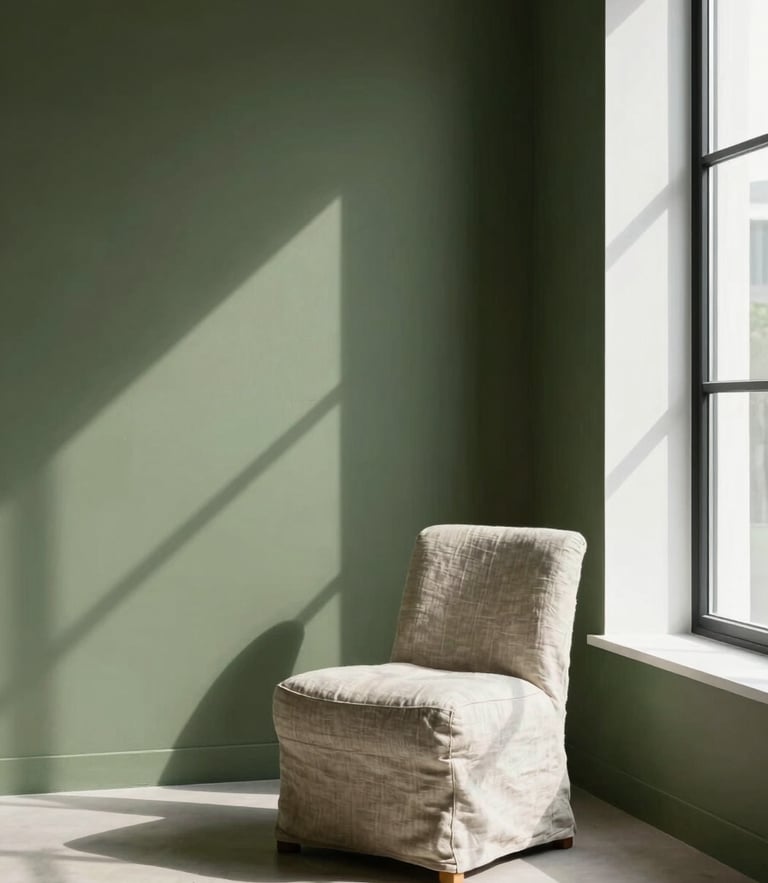 A minimalist room with a deep olive green accent wall, casting geometric shadows from a large window. A single raw linen chair sits in the corner, natural daylight.