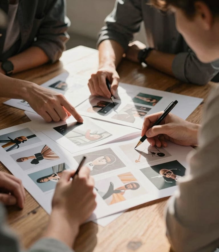 Unposed medium shot of a creative team analyzing a physical editorial mood board on a wooden table, soft natural side light, warm shadows.