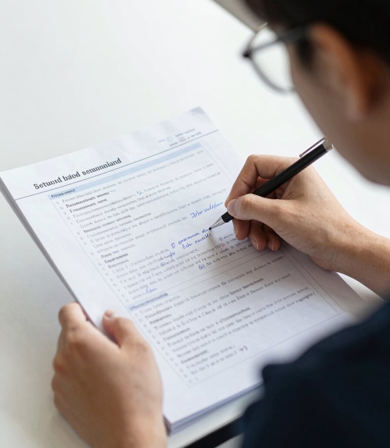 Over-the-shoulder shot of a student analyzing a structured study guide with handwritten notes, bright natural daylight, sharp focus, professional 35mm photography