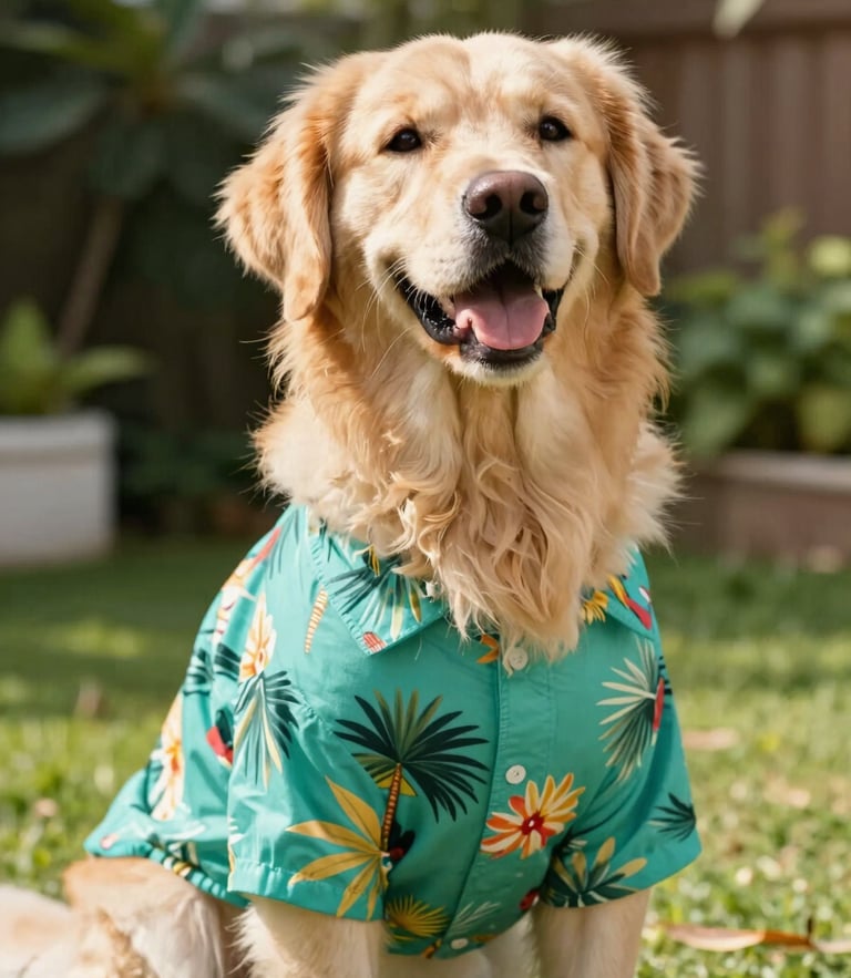 Eye-level medium shot of a happy Golden Retriever wearing a vibrant teal tropical print shirt, sitting in a sunlit garden, warm natural daylight.