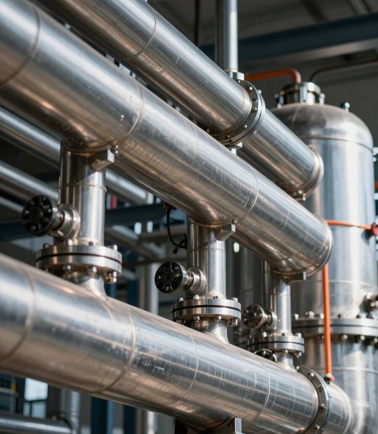 Close-up of pristine stainless steel metal cladding over insulated piping network in a modern chemical plant, high-contrast industrial lighting, sharp depth of field