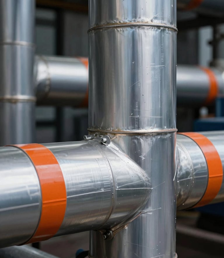 Sharp geometric close-up of pristine aluminum cladding on high-pressure steam pipes, dramatic industrial lighting, cool metallic tones with safety orange accents