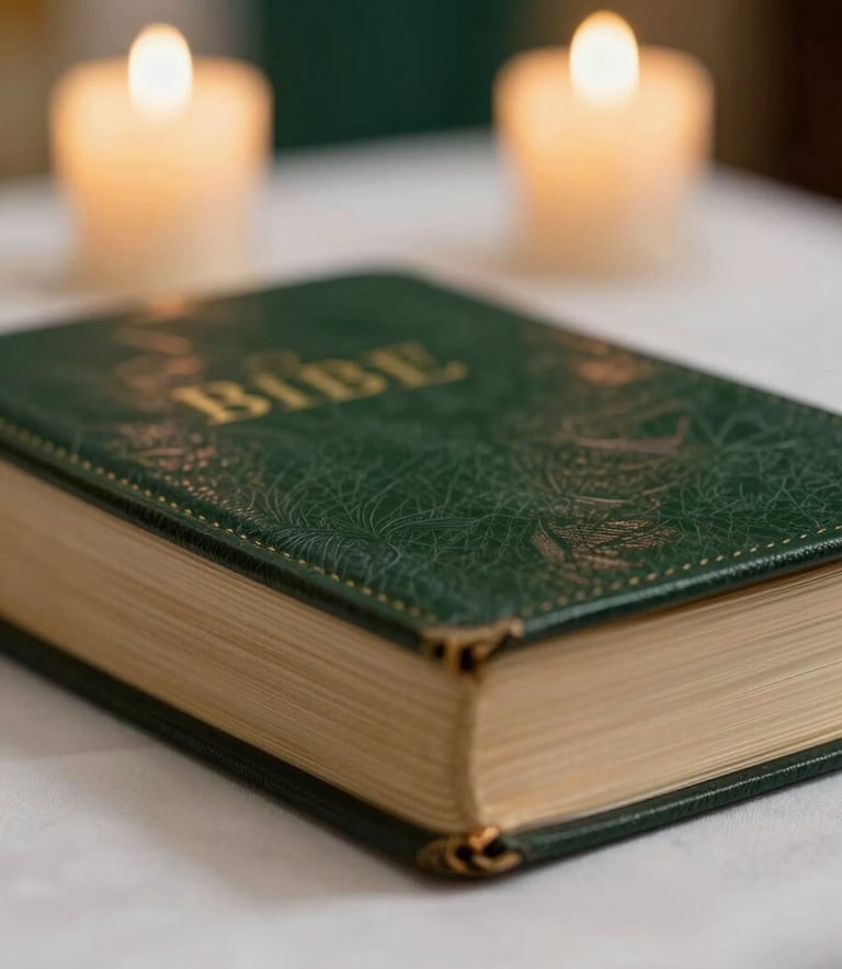 Macro close-up of a classic leather-bound Catholic Bible on an altar, soft candlelit warmth, shallow depth of field, 35mm