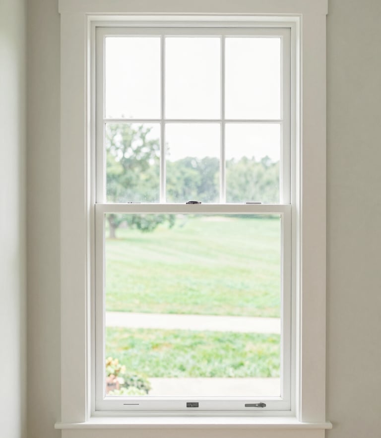 Bright interior photography of a sun-drenched living room, a clean white window frame looking out onto a lush green Iowa lawn, soft morning daylight, high-key lighting.