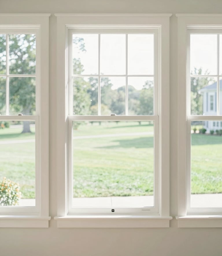 Sun-drenched residential living room, clean white window frames looking out onto a lush green Iowa lawn, soft morning daylight, high-key lighting, 35mm lens