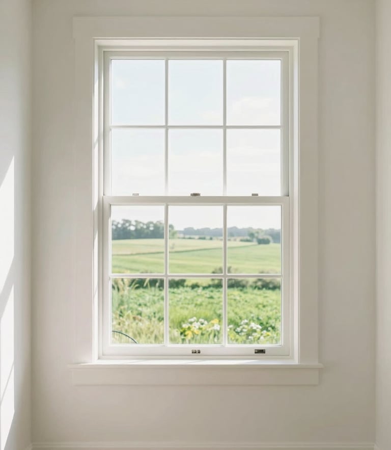Bright sun-drenched modern living room interior, a clean white window frame looking out onto a lush green Iowa landscape, soft morning daylight, high-key lighting.