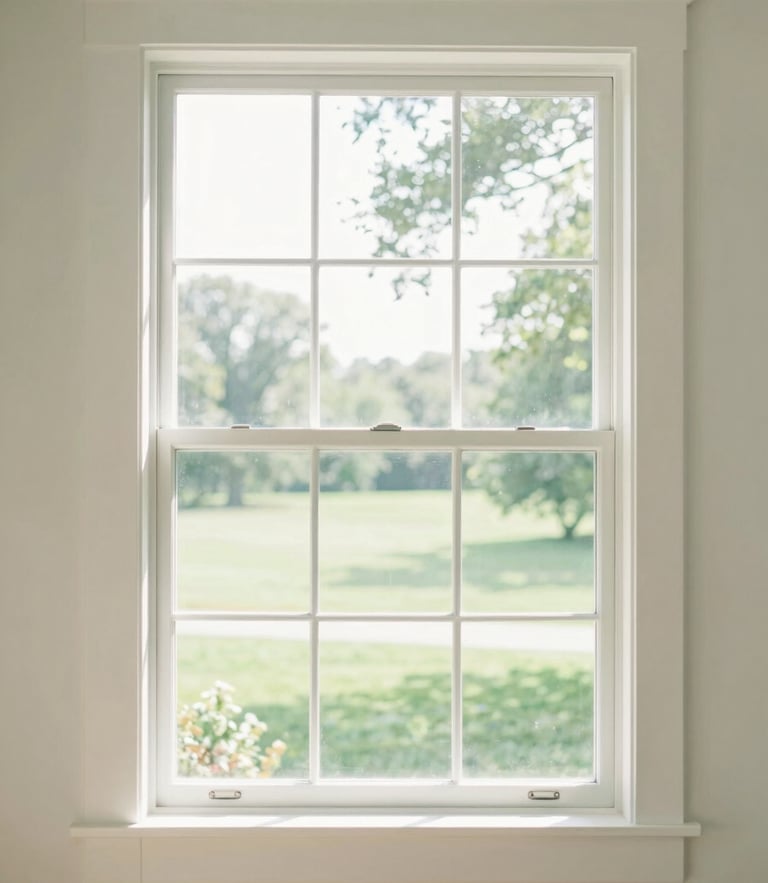 Bright sun-drenched home interior with a large clean window framing a soft green Iowa yard, morning light, architectural framing
